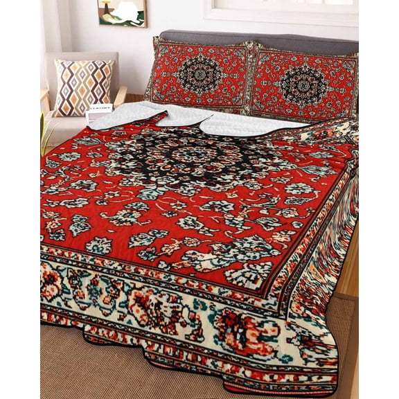 Red Bohemian King Size Down Alternative Comforter, Lightweight Comforter Quilt Bedding Set with Pillow Shams Boho Flower Abstract Modern Retro Art All Seasons Bed Comforter Duvet Insert 96"x106"