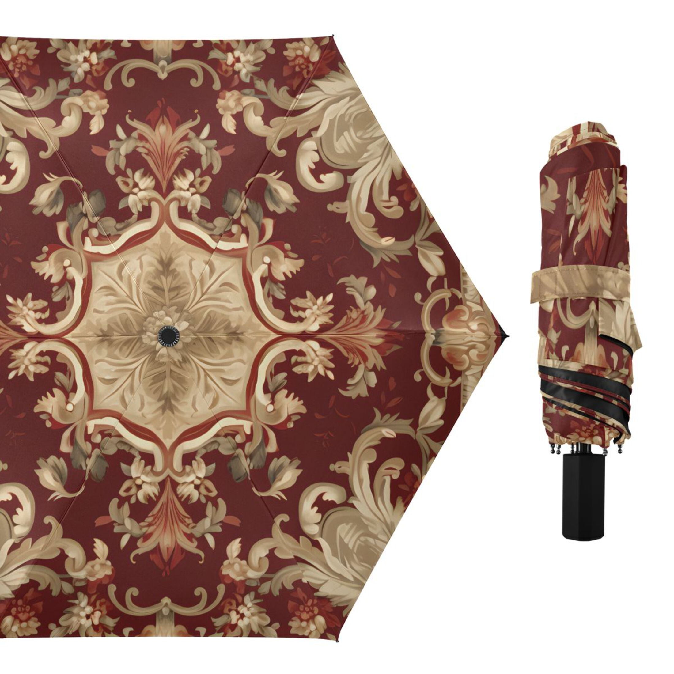 Red Bohemian Mandala Compact Sun Umbrella Windproof Travel Umbrellas for Rain Strong Portable UV Protection