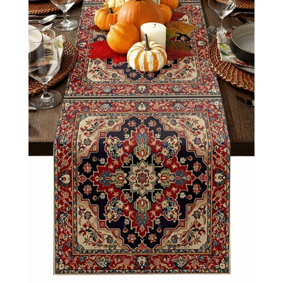 Red Bohemian Mandala Flower Table Runner-Cotton Linen- 48 Inch Holiday Dresser Scarves, Western Rustic Tribal Medallion Tablerunner for Kitchen Coffee/Dining Living Room Dinner Scarf Décor 13x48