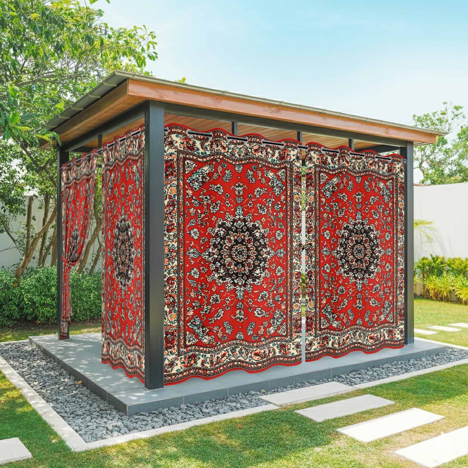 Red Bohemian Outdoor Curtains for Patio Waterproof,Windproof Privacy Curtains with Weighted Bottom,Boho Flower Abstract Modern Retro Art Outside Drapes for Picnic Garage Yard Cabana 54"x108" 1 Panel