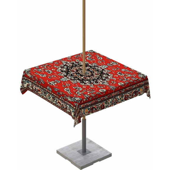 Red Bohemian Outdoor Square Tablecloth with Umbrella Hole 54x54,Boho Flower Abstract Modern Retro Art Wrinklefree Wipeable Fabric Table Cloth Waterproof Zippered Cover for Camping Picnic Patio Party