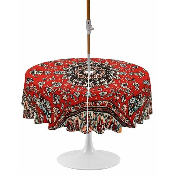 Red Bohemian Round Outdoor Tablecloth, Waterproof Table Cloth Cover with Umbrella Hole and Zipper, Boho Flower Abstract Modern Retro Art Table Protector for Patio Party Picnic 54" Round