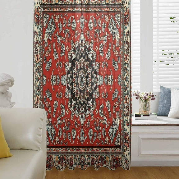 Red Bohemian Semi Sheer Curtains Drapes for Living Room, Bedroom, French Doors Window 84 Inches Long, Boho Flower Abstract Modern Retro Art Rod Pocket Chiffon Curtain Drapery Voile Draperies Panel