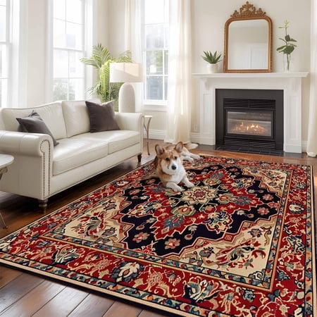 Red Boho Area Rug 5x8 FT, Non Slip Bedroom Throw Carpet, Contemporary Abstract Ethnic Retro Geometric Washable Soft Floor Carpet Non-Shedding Rug for Living Room Nursery Dorm Office