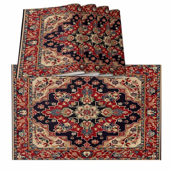 Red Boho Contemporary Abstract Ethnic Retro Geometric Burlap Kitchen Place Mats Waterproof Cloth Table Mats, Indoor Outdoor Placemats Easy Clean Dinner Decor