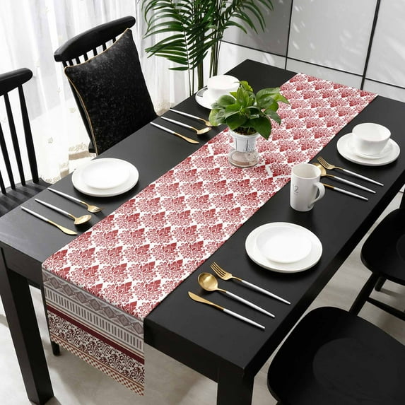 Red Boho Cotton Linen Table Runner 16 x 72 inch Geometric Stripes Middle Century Plaid Non-slip Rectangular Dining Table Decor for Wedding Party Holiday Dinner