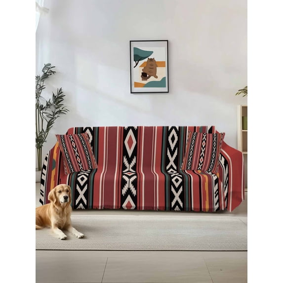 Red Boho Couch Cover for Dogs, Vintage Ethnic Tribe Washable Sofa Covers Slipcover for Pets Dogs Futon Cover, Couch Recliner Covers, Oversized Chair Slipcover 71"x91"