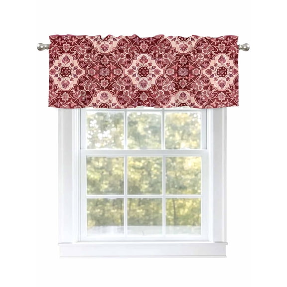 Red Boho Curtain Valances for Windows, Ethnic Tribal Abstract Traditional Floral Kitchen Valance Window Treatment, Light Filtering Block Curtains for Bathroom/Bedroom/Living Room 60'' x 18''