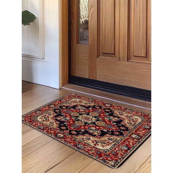 Red Boho Door Mat Indoor Outdoor Entrance, Non Slip Rug for Kitchen Bathroom Entryway Rug, Contemporary Abstract Ethnic Retro Geometric Washable Doormat Floor Mat for Office 24x36 Inch