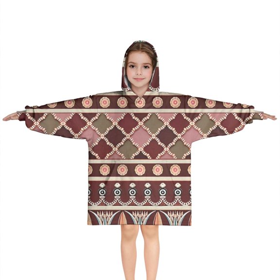 Red Boho Egyptian Lotus and Circles Pattern Blanket Hoodies for Kids 6-13YR Oversize Wearable Blanket Hoodies for Boys Girls Teens