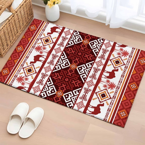 Red Boho Entryway Rug 2'x3' Non Slip Front Door Mats, Southwestern Aztec Palm Tree Animals Patterned Entrance Rugs Indoor Outdoor Carpet, Washable Floor Mats Small Area Rug for Bedroom Kitchen