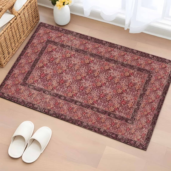 Red Boho Entryway Rug 2'x3' Non Slip Front Door Mats, Vintage Ethnic Tribe Abstract Art Floral Entrance Rugs Indoor Outdoor Carpet, Washable Floor Mats Small Area Rug for Bedroom Kitchen