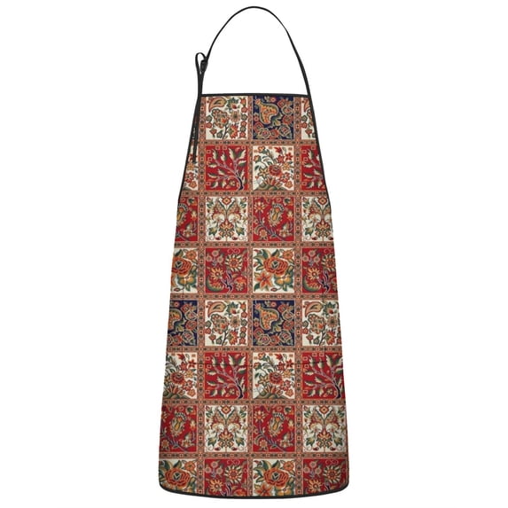 Red Boho Ethnic Floral Patchwork Pattern Apron-Garden Aprons for Women with Pockets-Cotton Linen Waterproof Kitchen Cooking Gardening Aprons Adjustable for Kitchen,Cooking,BBQ and Salon 33x27 Inch