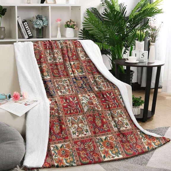 Red Boho Ethnic Floral Patchwork Pattern Blanket,Comfortable Soft Lamb Wool Throw Blanket,All Season,Warm Lightweight Blankets for Sofa Bed Couch Living Room Chair,50"x60"