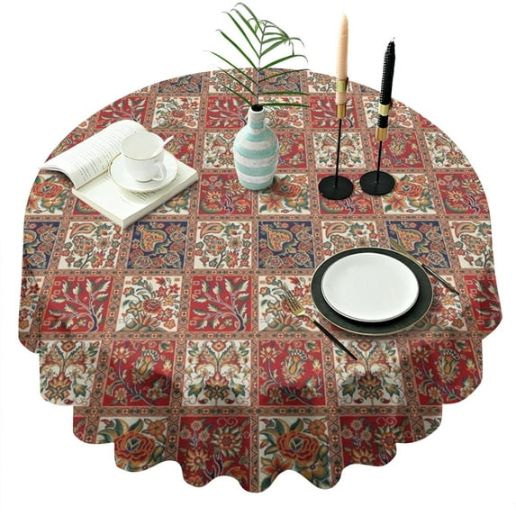 Red Boho Ethnic Floral Patchwork Pattern Round Tablecloth 60"x60",Wrinkle Wipeable Table Cloth for Kitchen Dining Room Picnic Patio Party