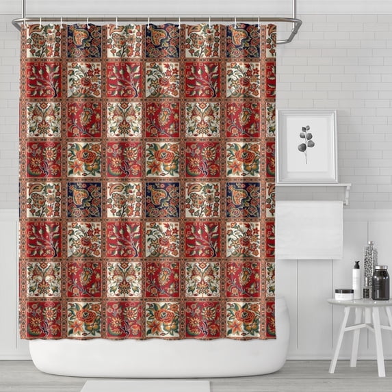 Red Boho Ethnic Floral Patchwork Pattern Shower Curtain 72"x84" ,Bathroom Decorative Shower Curtains Set with 12 Hooks,Modern Waterproof Washable Shower Curtain