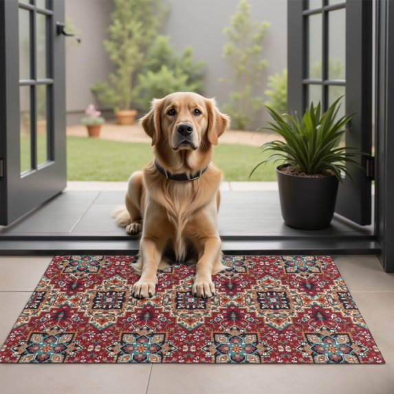 Red Boho Ethnic Geometric Pattern Door Rugs,Washable Non Slip Door Mats Indoor,Decorative Door Mats,Entry Mat Indoor for Entrance,Bedroom,Kitchen,Bathroom,20"x32"