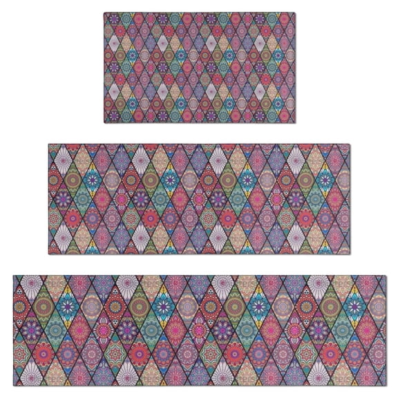 Red Boho Ethnic Geometric Pattern Kitchen Rugs Sets Of 3,Kitchen Runner Rugs Non Skid Washable,Decorative Kitchen Floor Mats for Kitchen,Sink,Laundry,17"x30"+ 17"x47" + 17"x59"