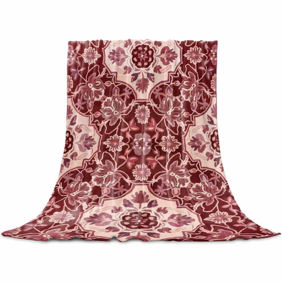 Red Boho Flannel Blanket for Bed, Ethnic Tribal Abstract Traditional Floral Soft Cozy Warm Couch Throw Blanket, Lightweight Fluffy Plush Bedding Blankets for Sofa Decor All Season 31.5"x47"