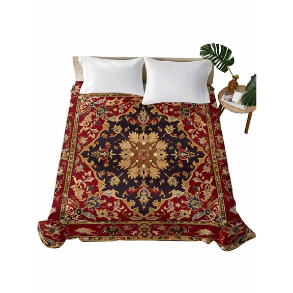 Red Boho Flat Sheet Only Twin Size, Soft Breathable Bed Top Sheets for Mattress, Contemporary Abstract Ethnic Vintage Geometric Luxury Bedding Flat Sheets for Home Hotel Bedroom Bed Protection