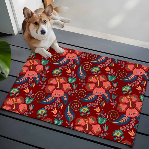 Red Boho Floral Bathroom Mat 2x3 FT, Non Slip Small Kitchen Mat, Vintage Southwestern Ethnic Tribe Botanical Washable Soft Backed Front Door Throw Rug Indoor Outdoor Doormat for Entryway