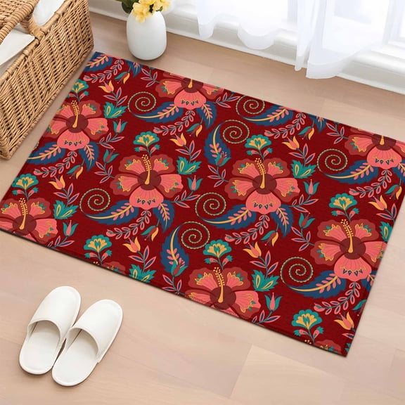 Red Boho Floral Bathroom Rug Washable 2x3 Entryway Rug Non Slip Vintage Southwestern Ethnic Tribe Botanical Front Door Mat Low Pile Indoor Doormat Throw Floor Carpet for Kitchen Bedroom Entrance