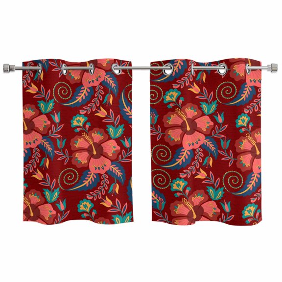 Red Boho Floral Kitchen Curtains Small Short 39 Inch Length, Vintage Southwestern Ethnic Tribe Botanical Bedroom Living Room Curtains, Light Filtering Cafe Curtain Drapes 2 Panels Set 55''x39''