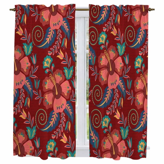 Red Boho Floral Kitchen Curtains, Vintage Southwestern Ethnic Tribe Botanical Light Filtering Window Curtain Panels, 2Pcs Rod Pocket Window Treatments Set for Living Room Bathroom Bedroom 42x63In