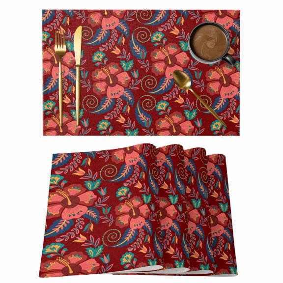 Red Boho Floral Placemats Set of 4 Vintage Southwestern Ethnic Tribe Botanical Place Mats Indoor Wipeable Table Mats Washable Dining Table Placemats for Kitchen Holiday Party Home Decor 13x19 Inch