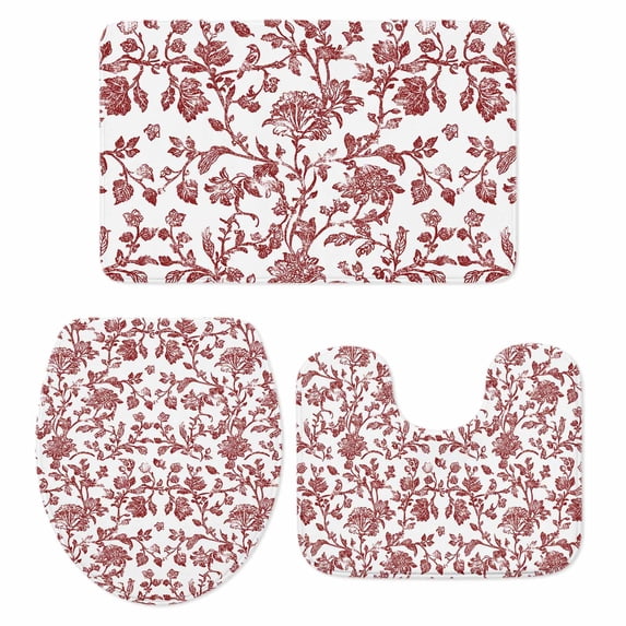 Red Boho Flower Bath Mat 3 Piece Bathroom Rug Set, Vintage Paisley Farmhouse Pattern Non Slip Bath Rug Contour Mat and Toilet Lid Cover, Absorbent Shower Mats Soft Bath Rugs and Mats Sets