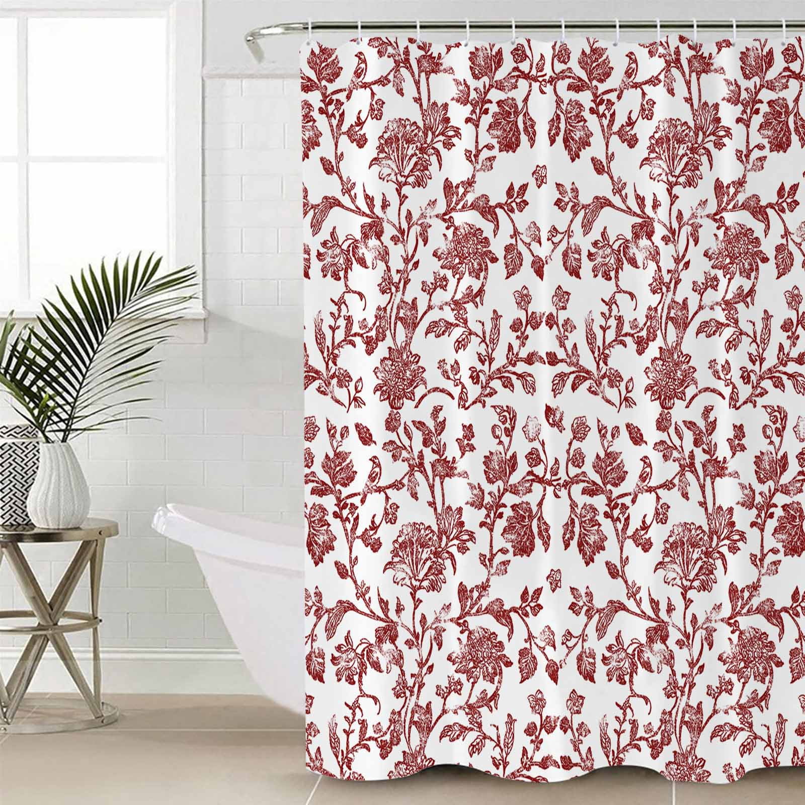 Red Boho Flower Bathroom Curtain 72 Inch Shower Curtain with Hooks, Vintage Paisley Farmhouse Pattern Waterproof Polyester Bath Curtain Washable Bathtub Curtain 48''x 72''