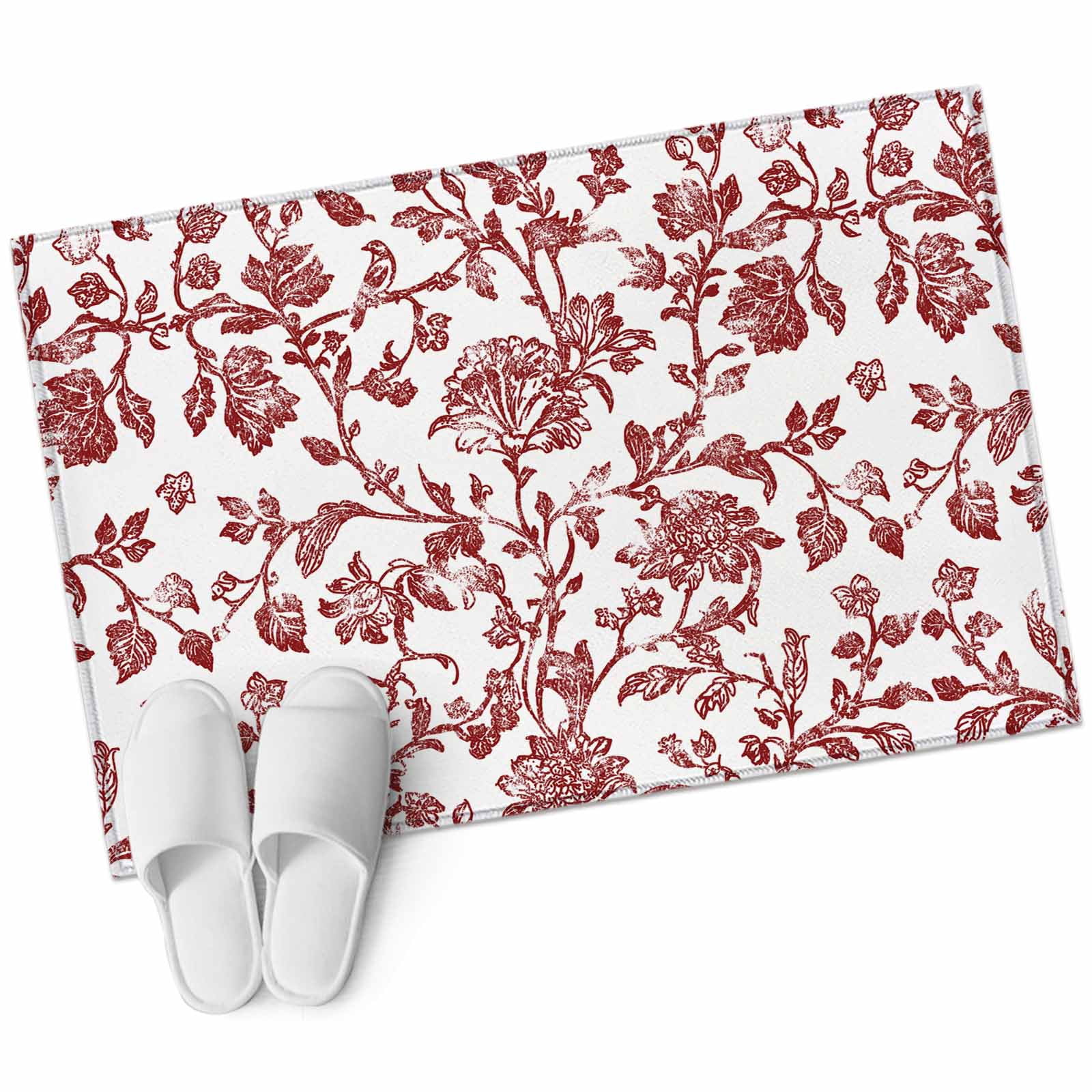 Red Boho Flower Bathroom Mat 2x3 FT, Non Slip Small Kitchen Mat, Vintage Paisley Farmhouse Pattern Washable Soft Backed Front Door Throw Rug Non-Shedding Indoor Outdoor Doormat for Entryway Sink