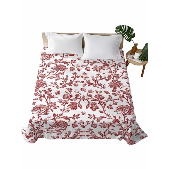 Red Boho Flower Flat Sheets Only Queen Size, Soft Breathable Bed Top Sheets for Mattress, Vintage Paisley Farmhouse Pattern Luxury Bedding Flat Sheets for Home Hotel Bedroom Bed Protection
