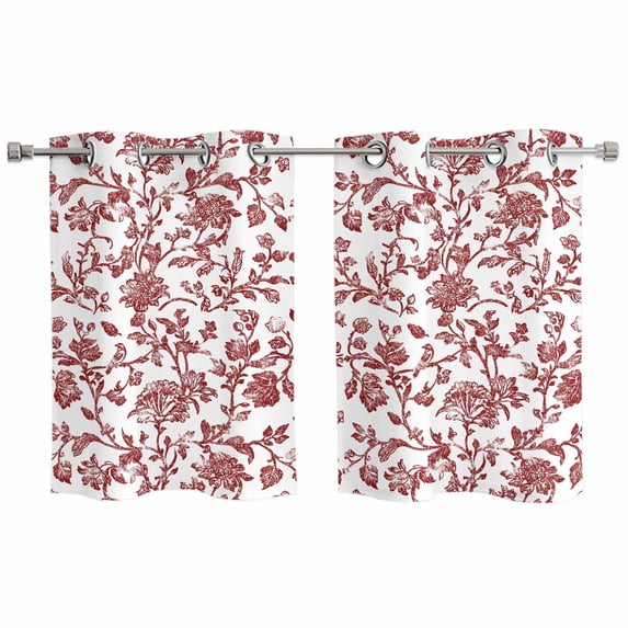 Red Boho Flower Kitchen Curtains Small Short 39 Inch Length, Vintage Paisley Farmhouse Pattern Grommet Top Bedroom Living Room Curtains, Light Filtering Cafe Curtain Drapes 2 Panels Set 55''x39''