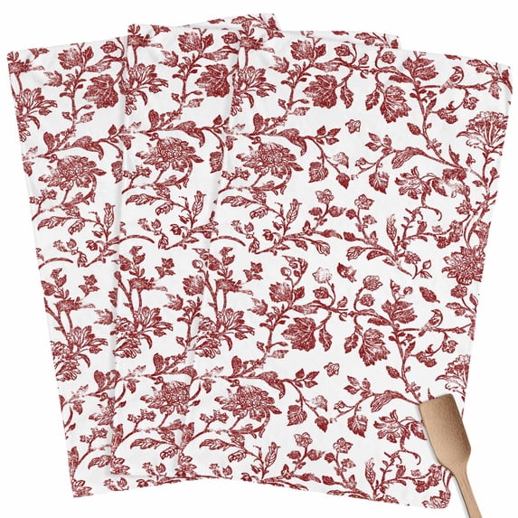 Red Boho Flower Kitchen Towel Dish Cloths Set of 3, Microfiber Soft Kitchen Hand Towels, Vintage Paisley Farmhouse Pattern Absorbent Quick Drying Dishcloths 18 x 28 Inches