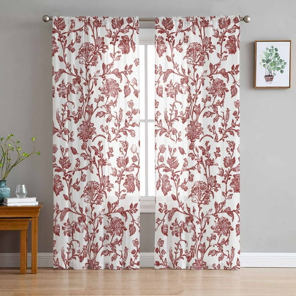 Red Boho Flower Semi Sheer Curtains 96 Inch Length 2 Panels Set, Vintage Paisley Farmhouse Pattern Sheer Kitchen Curtain Privacy Voile Window Curtain for Living Room Bedroom Rod Pocket Drapes