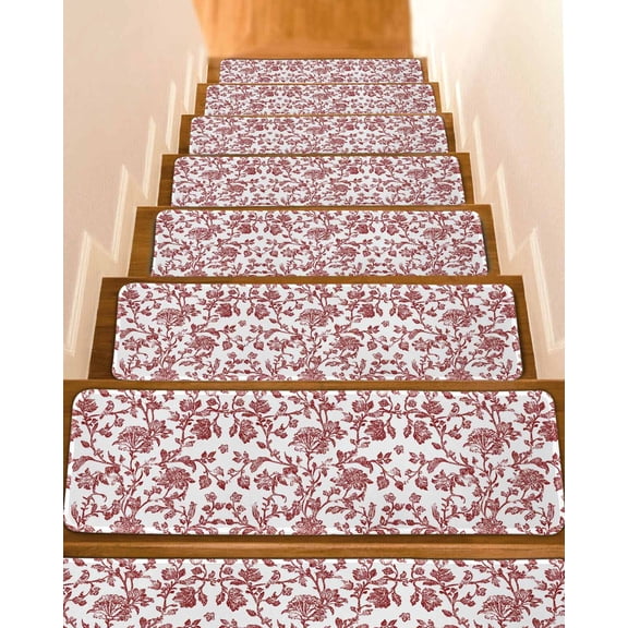 Red Boho Flower Stair Treads for Wooden Steps Indoor Runner Rug Carpet, Vintage Paisley Farmhouse Pattern 4 Pieces Peel and Stick Staircase Step Treads Covers Washable Throw Door Mats, 30"x8"