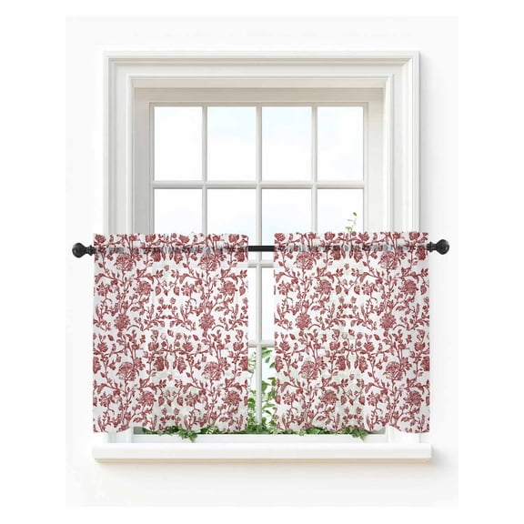 Red Boho Flower Tier Curtains 36 Inch Length,Sheer Curtains for Bedroom Living Room Window Vintage Paisley Farmhouse Pattern Rod Pocket Drapes Kitchen Curtains Small Half Window 27.5"x36" 2 Panels