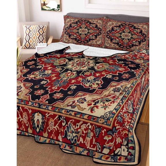 Red Boho Full Size Down Alternative Comforter, Lightweight Comforter Quilt Bedding Set with Pillow Shams Contemporary Abstract Ethnic Retro Geometric All Seasons Bed Comforter Duvet Insert 78"x90"