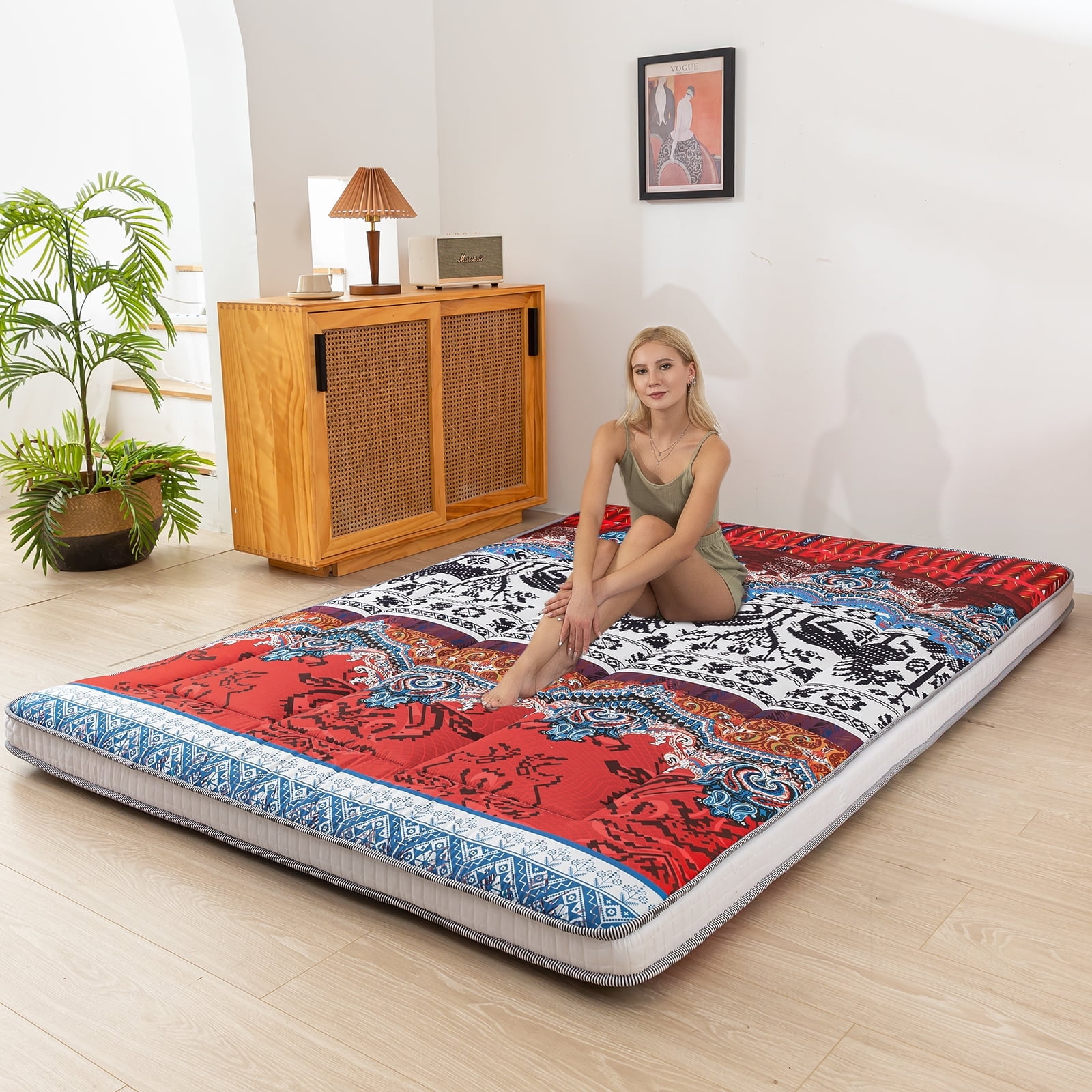 Camping Mat Roll Up Cotton Mattress Camping Red Boho Futon