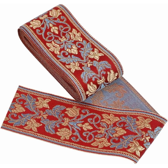 Red Boho Jacquard Ribbon 5 Yards(5m) Ethnic Embroidery Polyester Flat Trim 61mm Woven Lace Ribbon Heavy Webbing Strap