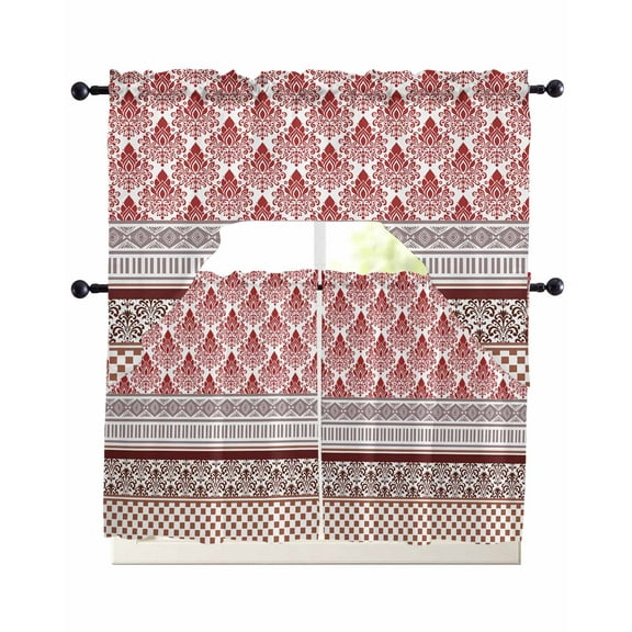 Red Boho Kitchen Curtains Sets 24 Inch Length with Valance, Geometric Stripes Middle Century Plaid Swag Valances and Tiers Curtain Set Drapes Swag Curtains for Living Room, Bathroom, Bedroom, Cafe