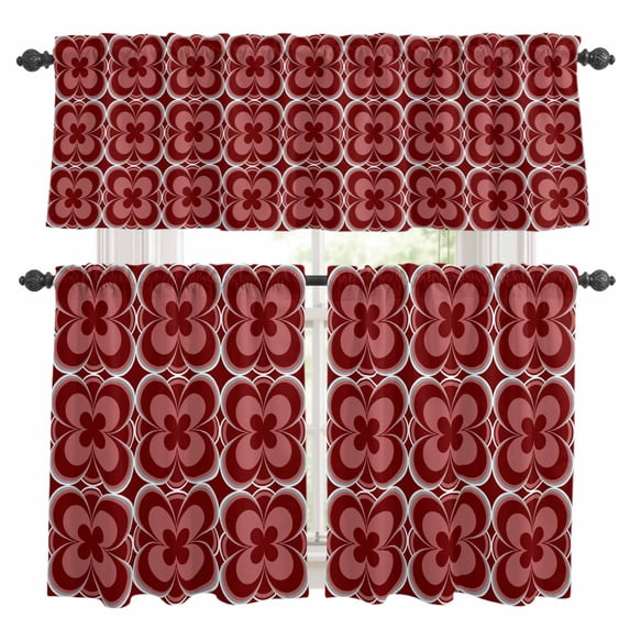 Red Boho Kitchen Curtains Sets for Windows 36 Inch Length, Vintage Country Ethnic Abstract Flowers Art Rod Pocket Window Treatments Tier Curtains and Valances Set for Bedroom/Bathroom