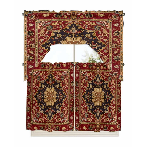 Red Boho Kitchen Curtains Swag Valance and Tier Curtains Set 36 Inch Length, Contemporary Abstract Ethnic Vintage Geometric Rod Pocket Drape Panels Pair Swag Curtains for Bathroom/Cafe/Window