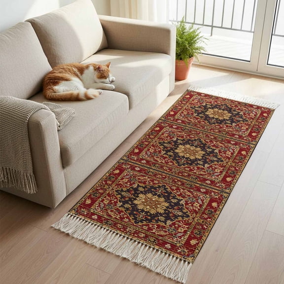 Red Boho Kitchen Runner Rug 2'x4', Contemporary Abstract Ethnic Vintage Geometric Washable Rug with Tassels, Non Slip Woven Cotton Bathroom Rugs Hallway Carpet for Foyer Bedroom Entry Back Door Decor