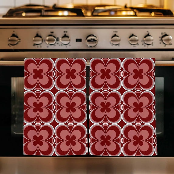 Red Boho Kitchen Towels Set of 3, Vintage Country Ethnic Abstract Flowers Art Absorbent Dish Towels for Kitchen, Microfiber Hand Towel, Quick Drying Tea Towel for Cleaning Decorative Dishcloths