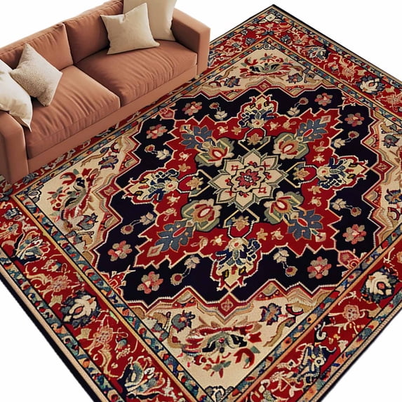 Red Boho Large Area Rugs for Bedroom Living Room, Soft Non Slip Carpet Bedside Rug, Contemporary Abstract Ethnic Retro Geometric Rectangle Floor Cover Kitchen Accent Rug 8'x10' for Dining Room/Office
