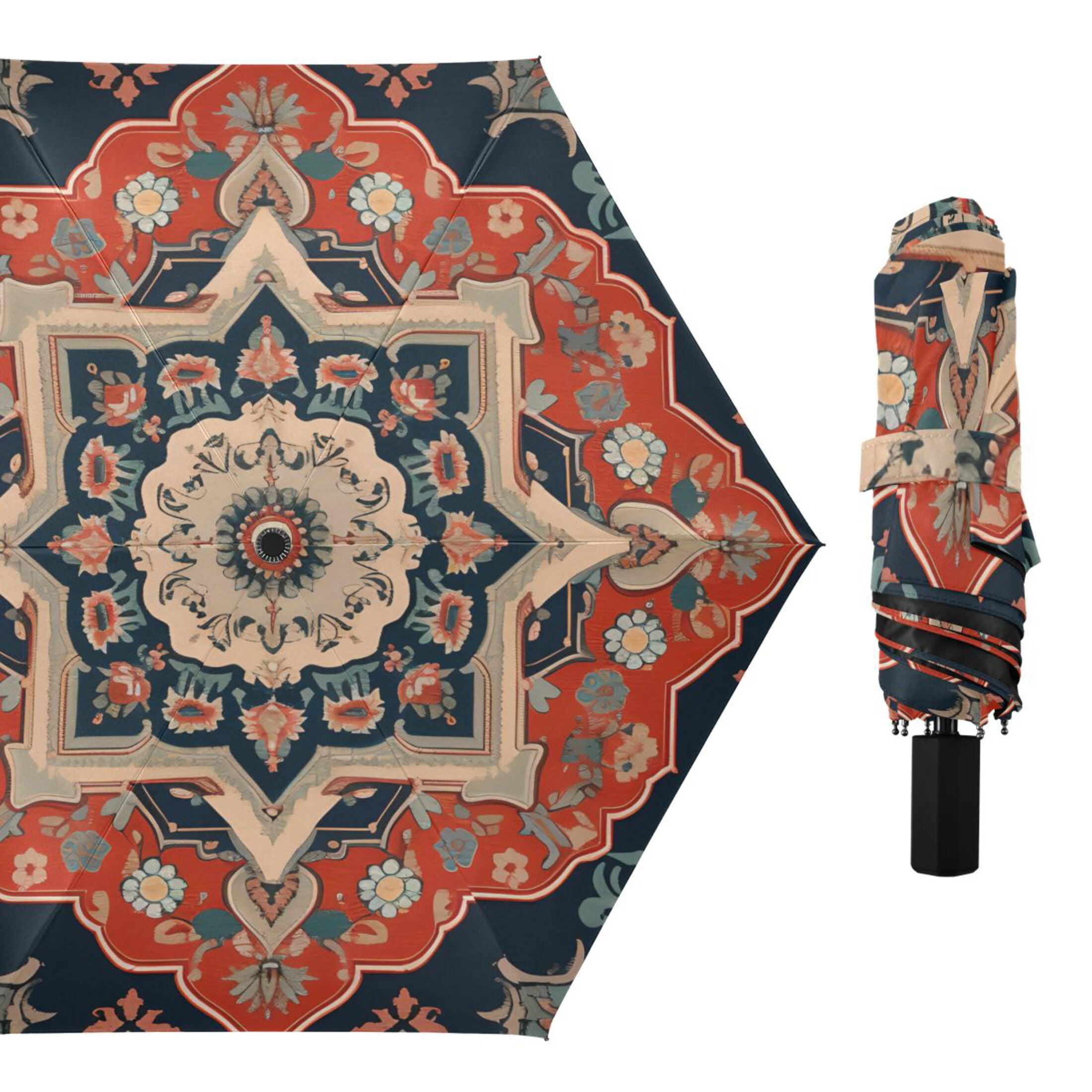 Red Boho Mandala Compact Sun Umbrella Windproof Travel Umbrellas for Rain Strong Portable UV Protection