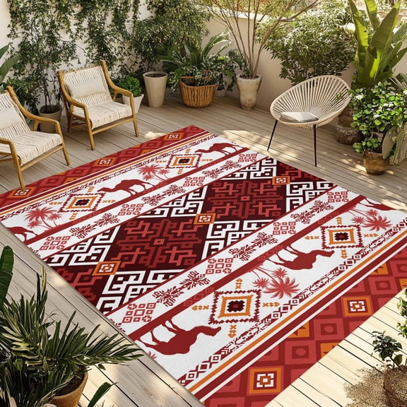 Red Boho Outdoor Rug 5x8 Ft - Reversible Patio Rug Outdoor Camping Rugs, Southwestern Aztec Palm Tree Animals Patterned Indoor Outdoor Area Rugs, Non-Slip Outdoor Carpet Runner for Deck/Porch