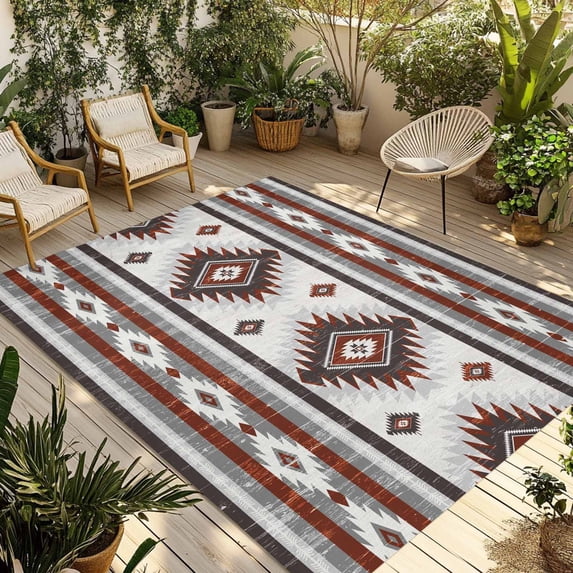 Red Boho Outdoor Rug 6x9 Ft - Reversible Patio Rug Outdoor Camping Rugs, Southwestern Ethnic Aztec Retro Geometric Washable Indoor Outdoor Area Rugs, Non-Slip Outdoor Carpet Runner for Deck/Porch